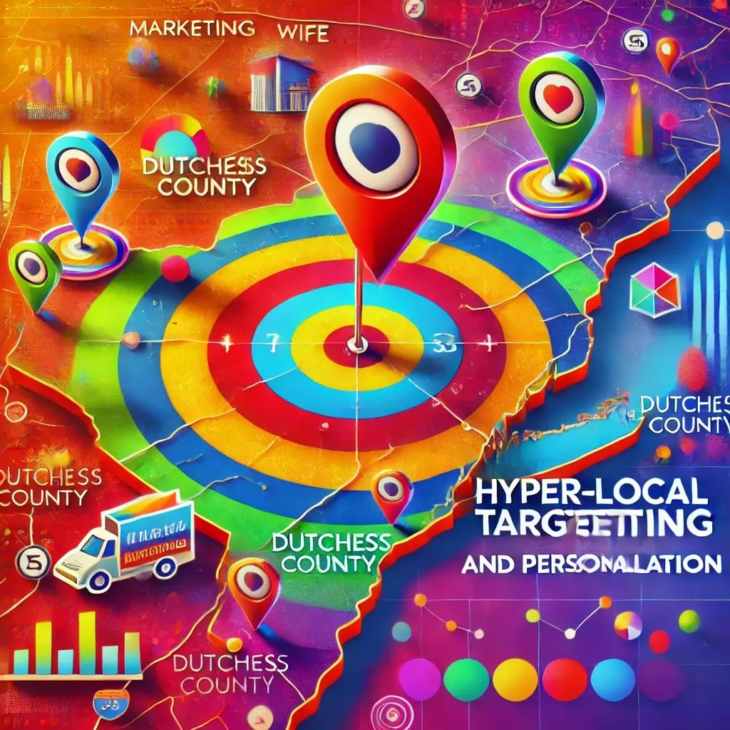 This image highlights the power of hyper-local targeting with a map of Dutchess County, pinpoint markers, and icons that signify personalized marketing efforts, all infused with bright, vibrant colors.