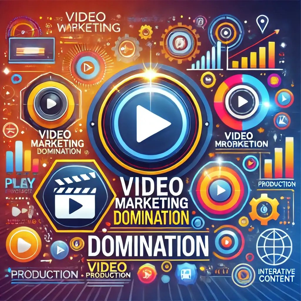 A lively depiction of video marketing trends, featuring engaging visuals such as a play button, video reels, and interactive content elements, all set in a palette of energetic hues.