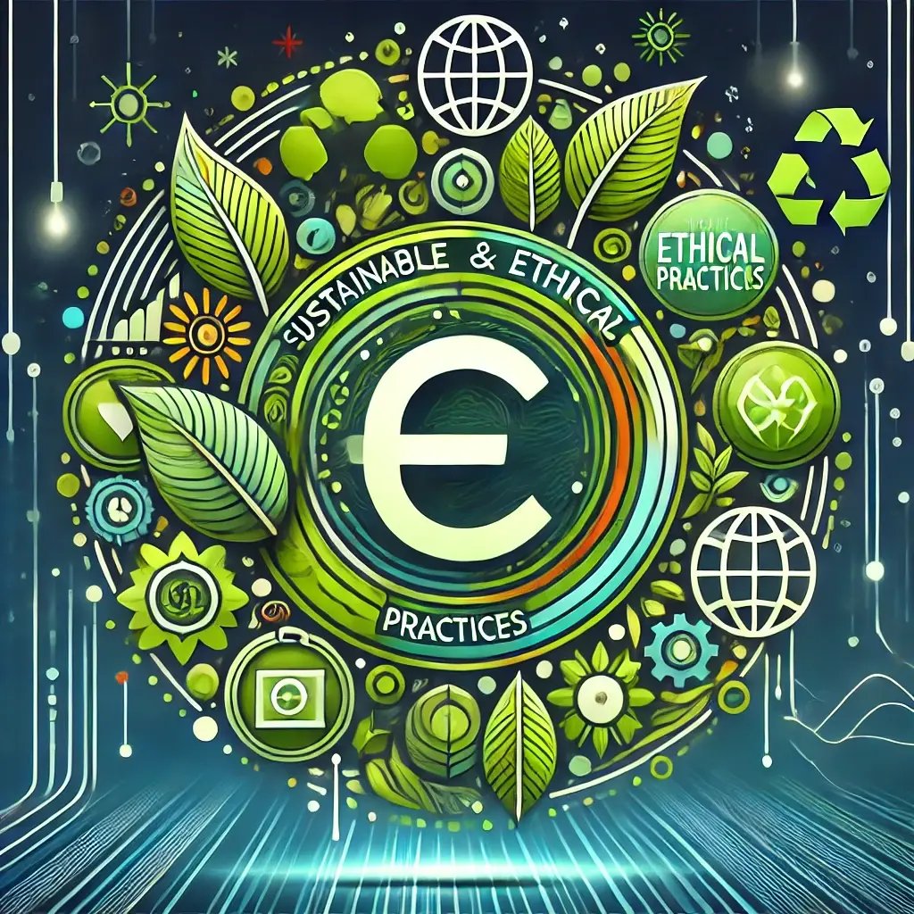 This image represents sustainable and ethical marketing practices with eco-friendly icons, green tones, and visuals that emphasize responsible and conscious business practices.