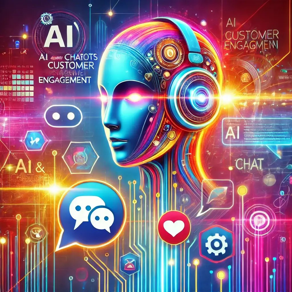 This visually striking image illustrates AI and chatbots in customer engagement, with symbols of digital assistants, chat interfaces, and AI elements, all rendered in a vibrant, energetic style.